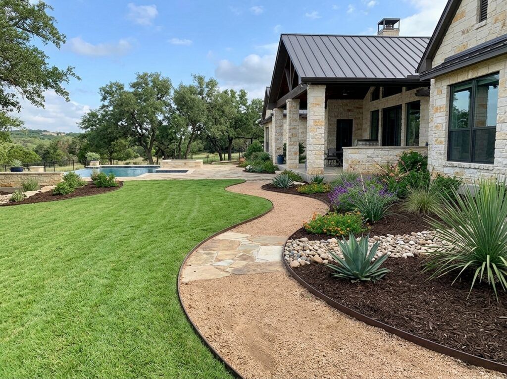 Poly Landscape Edging Board Flexible landscape edging installed as a black poly border along a curved garden bed.