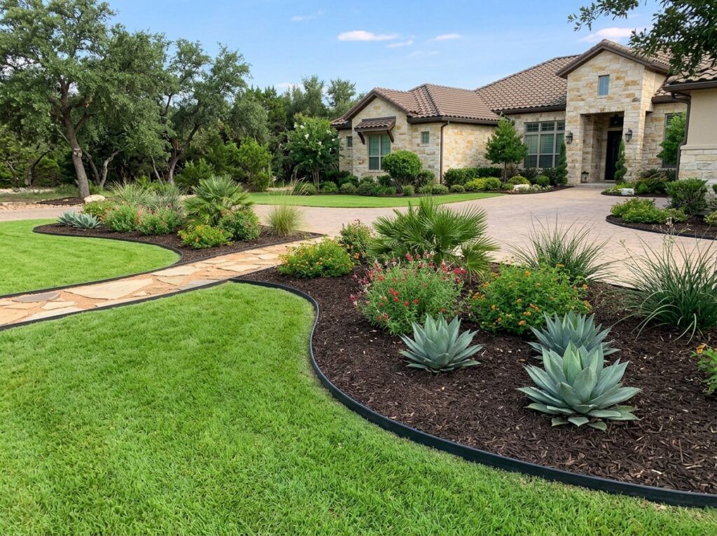 Poly Landscape Edging Board Flexible landscape edging installed along a garden bed, black recycled plastic edging strip.