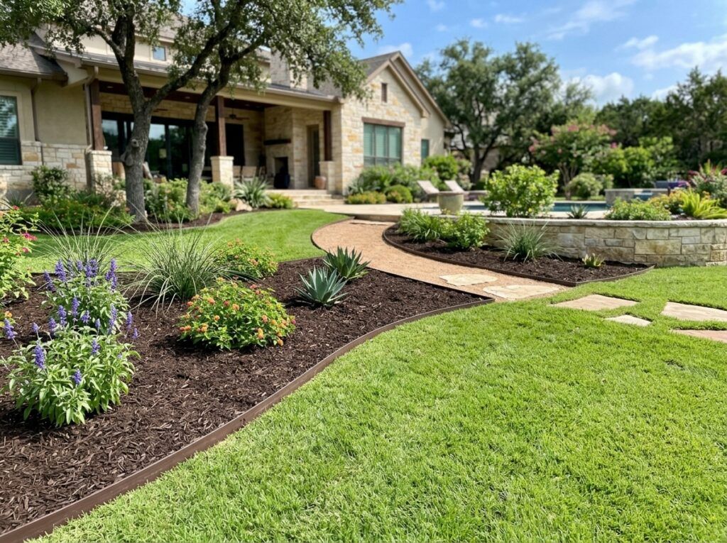 Poly Landscape Edging Board Flexible landscape edging installed along a mulch bed border with plastic strip and spikes.