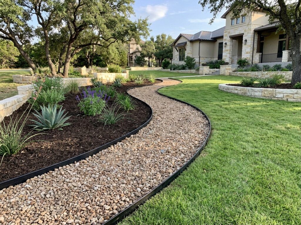 Poly Landscape Edging Board Flexible landscape edging installed in a curve, separating mulch bed from grass.