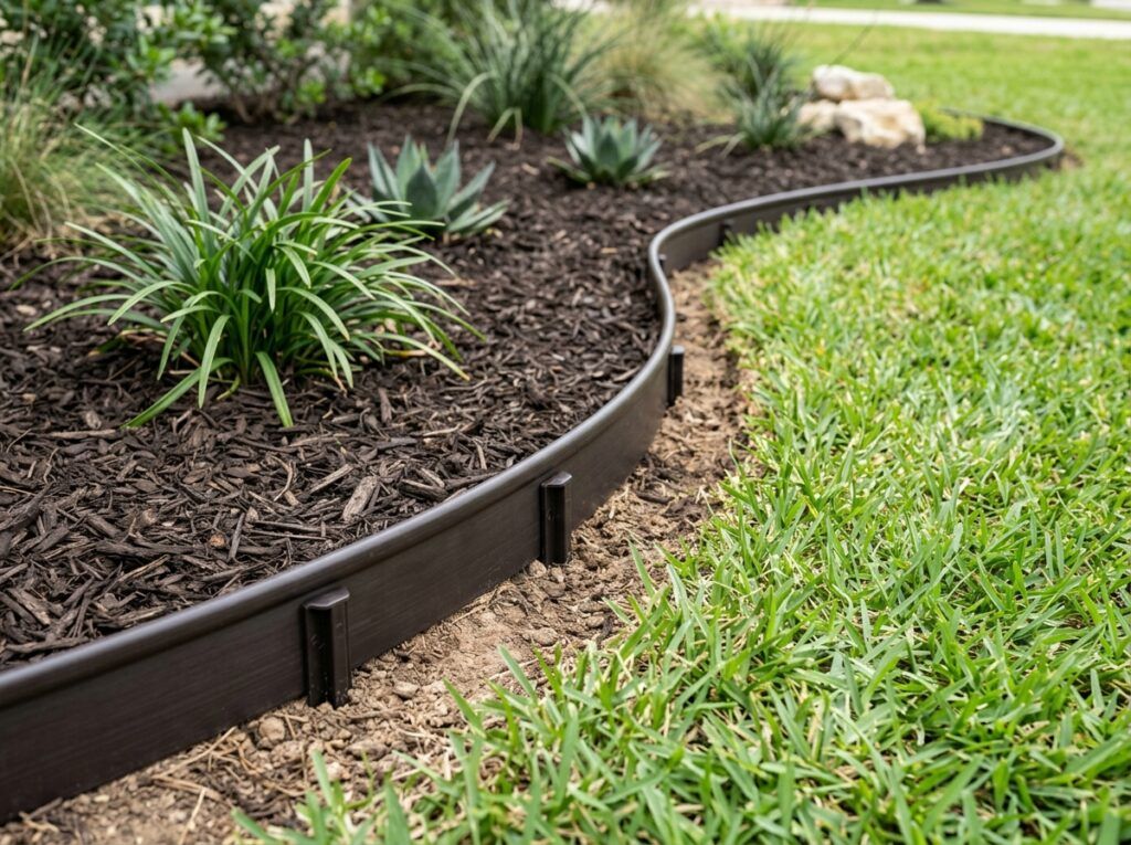 Poly Landscape Edging Board Flexible landscape edging installed along garden bed, dark recycled-plastic board curving.