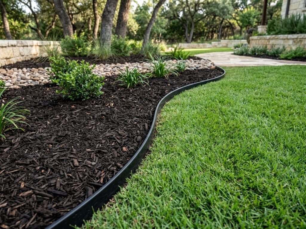 Poly Landscape Edging Board flexible landscape edging installed along a garden bed, forming a low black recycled plastic border.