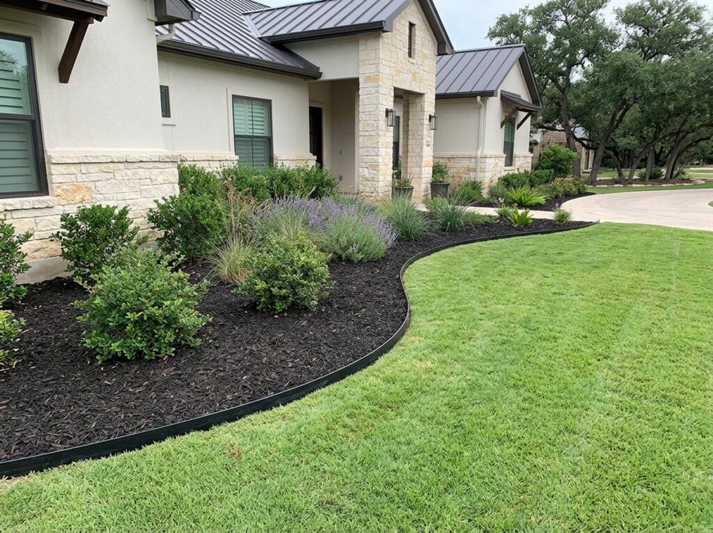 Poly Landscape Edging Board Flexible landscape edging shown as black flexible board edging along garden bed.
