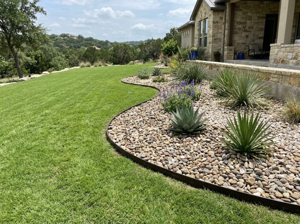 Poly Landscape Edging Board Flexible landscape edging curves along a garden bed, showing black recycled plastic board.