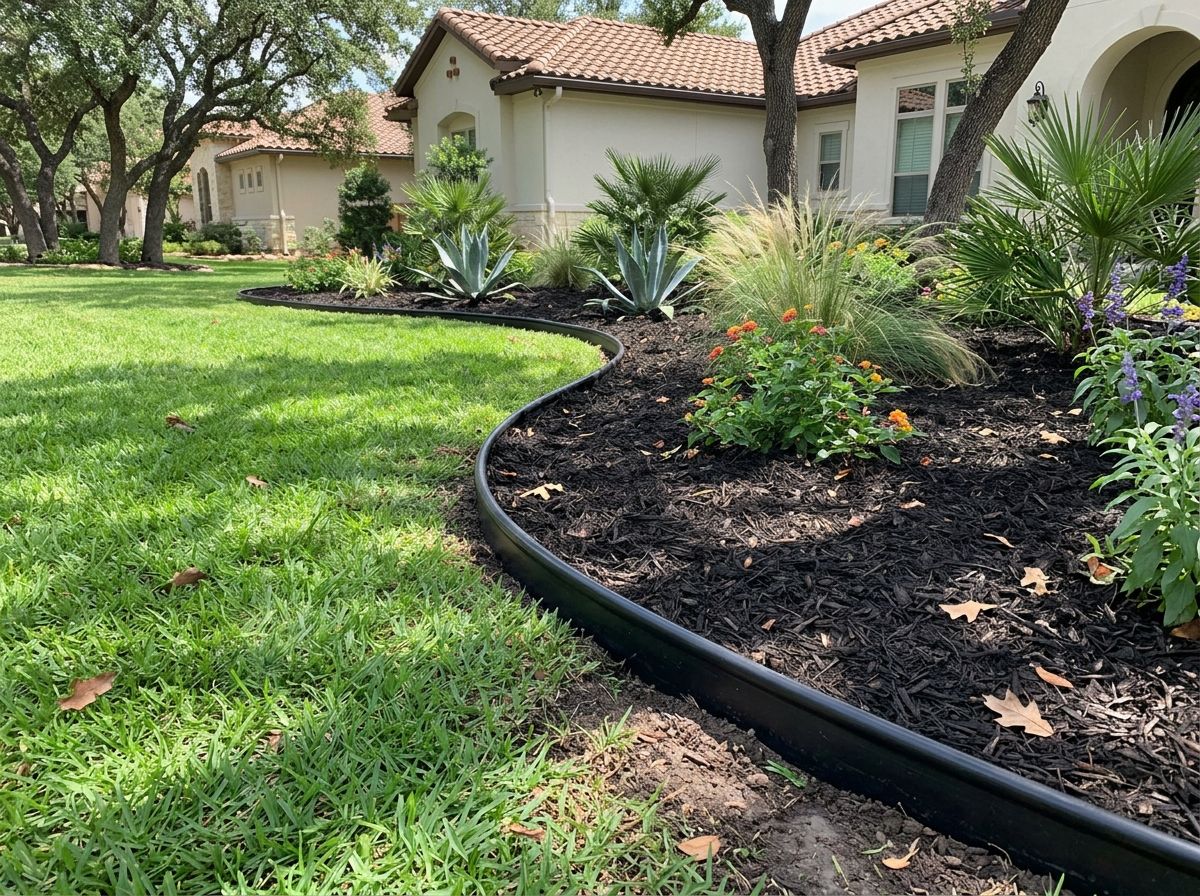 Poly Landscape Edging Board landscape edging installed along a mulch bed, black plastic border separating grass.
