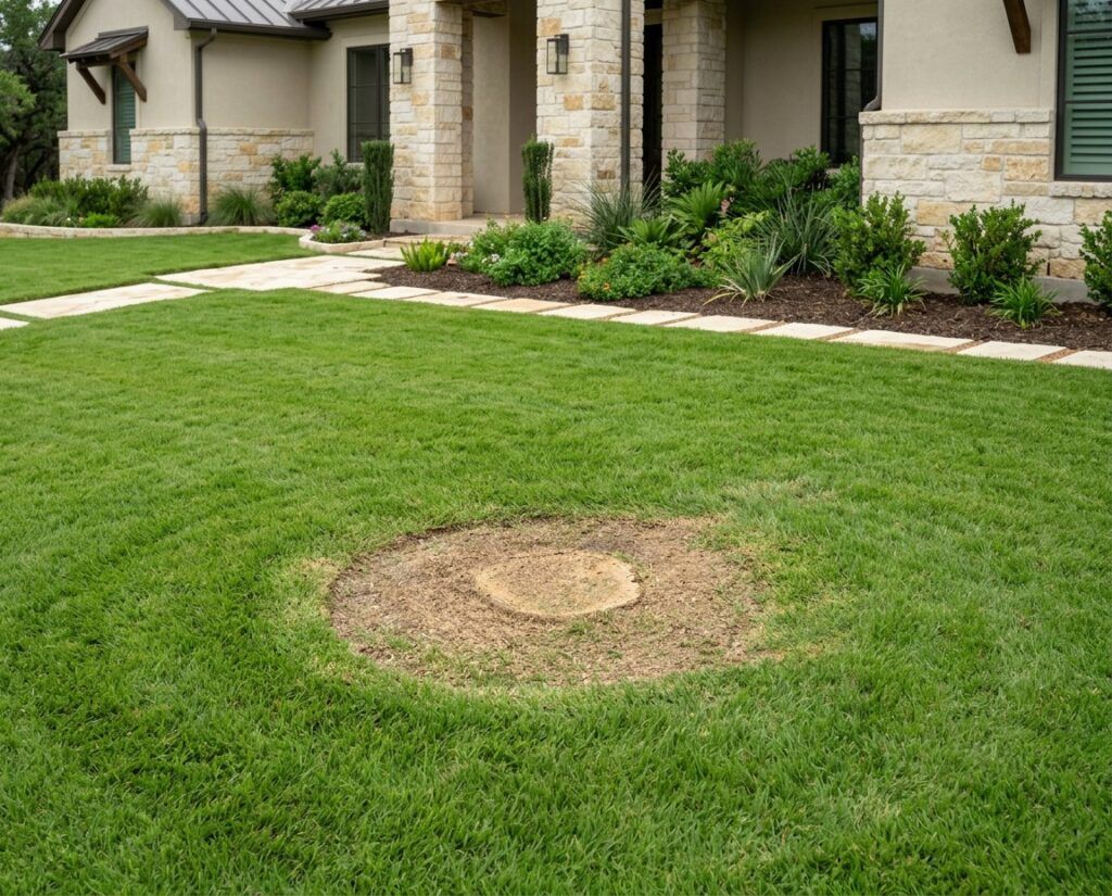 Finished residential yard at a high-end Hill Country home following tree removal. Smooth ground where the tree once stood, fresh sod and mulch, clean stone pathways, and a well-maintained Texas landscape.