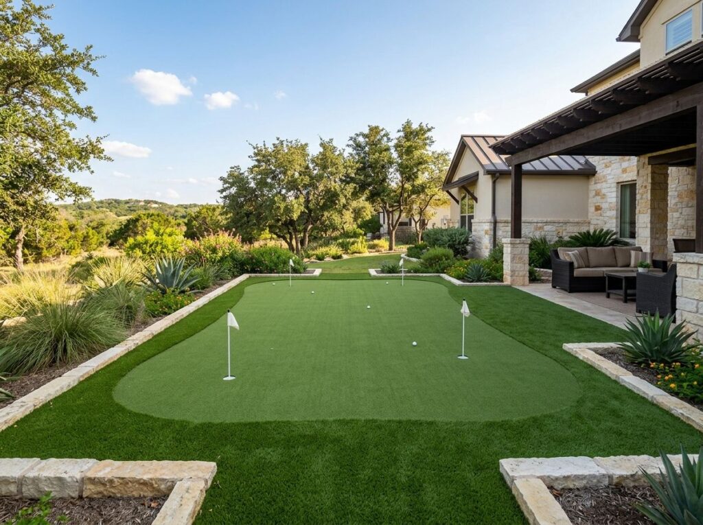 Installing Putting Pro Surface artificial turf putting green in a backyard in San Antonio, TX.