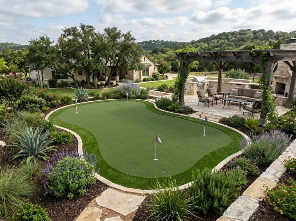 Putting Pro Surface artificial turf putting green installed in a backyard in San Antonio, TX