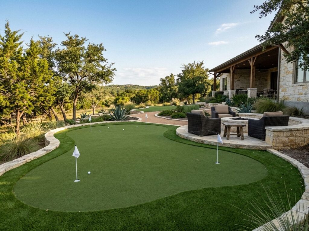 Putting Pro Surface artificial turf putting green installed in backyard in San Antonio, TX.