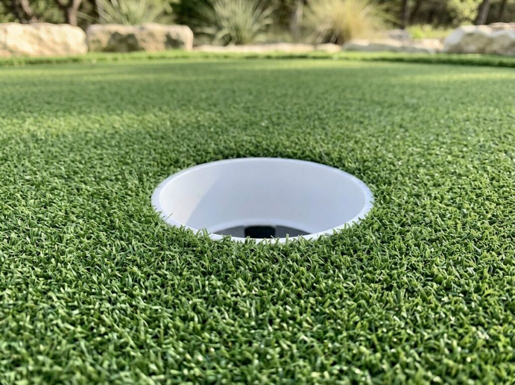 Installing Putting Pro Surface artificial turf putting green in San Antonio, TX, workers smoothing seams