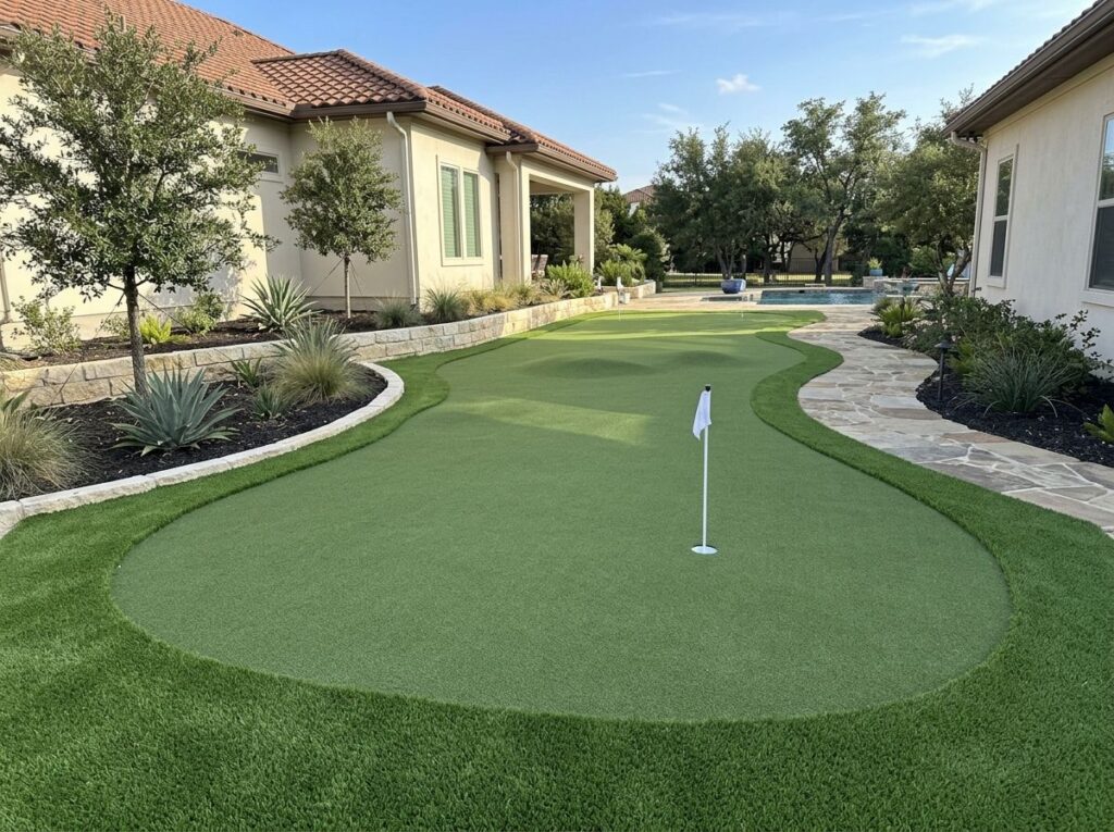 Putting Pro Surface artificial turf installed as a putting green in a San Antonio, TX backyard.