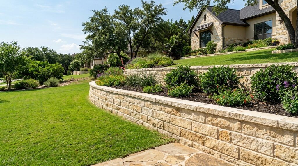 Stone retaining wall built into a landscaped San Antonio residential yard.
