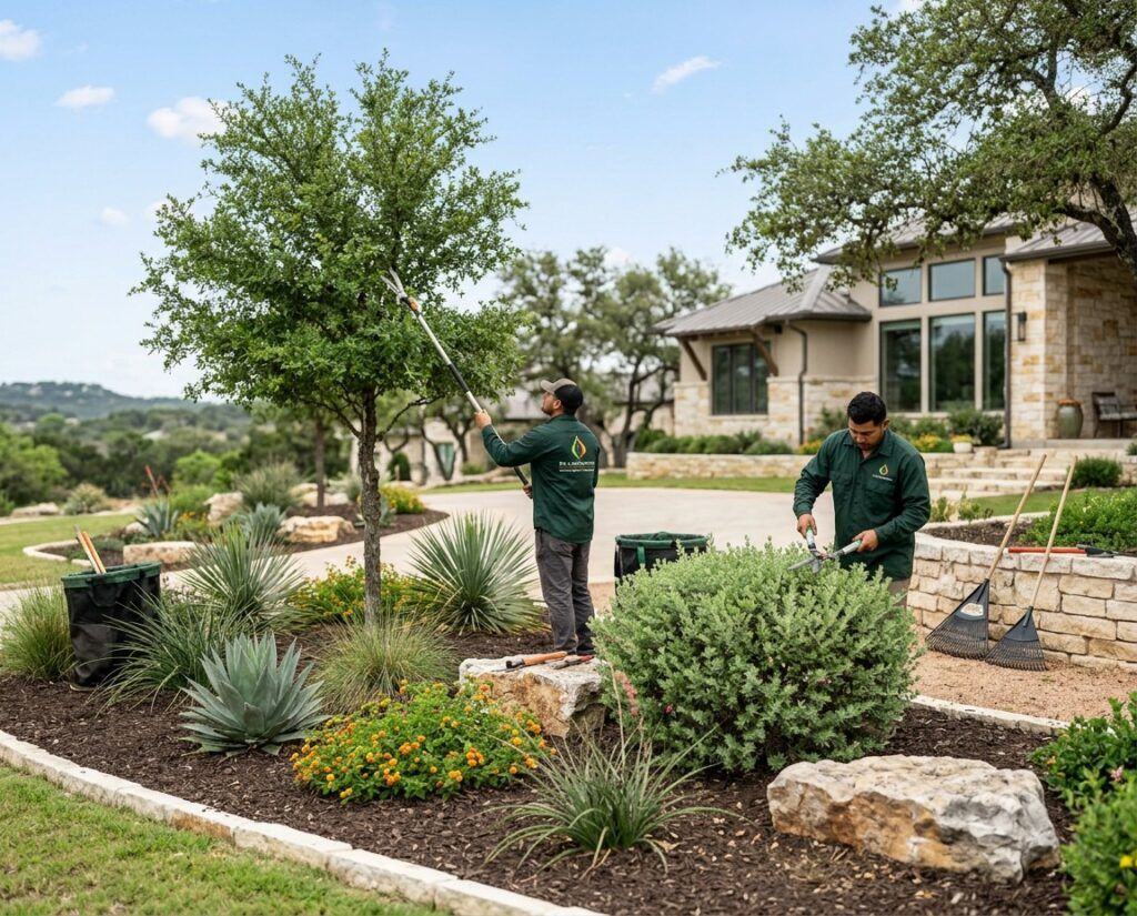 Professional trimming of shrubs and trees at a high-end Hill Country residence during mild Texas weather. Balanced canopies, clean cuts, and tidy landscape beds with native plants and stone accents.