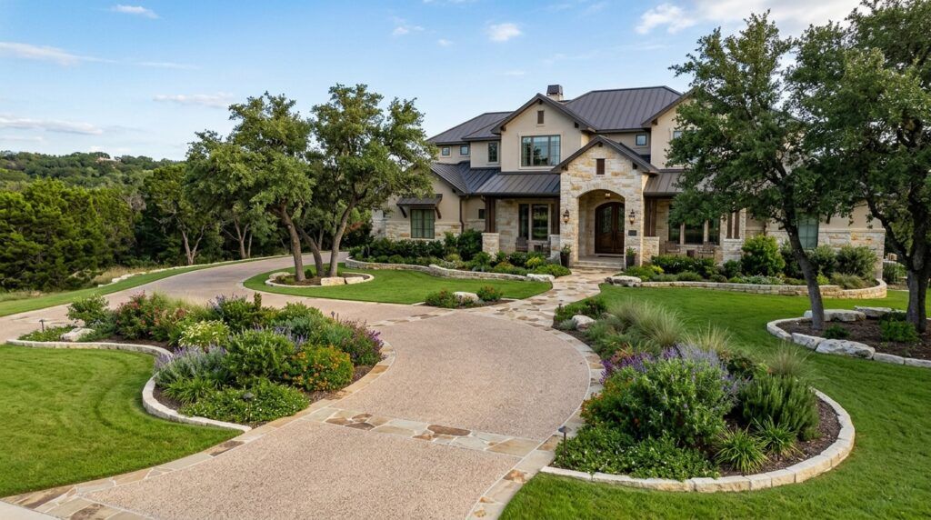 Shavano Park luxury estate front yard landscape installation with stone walkway, manicured lawn, shrubs