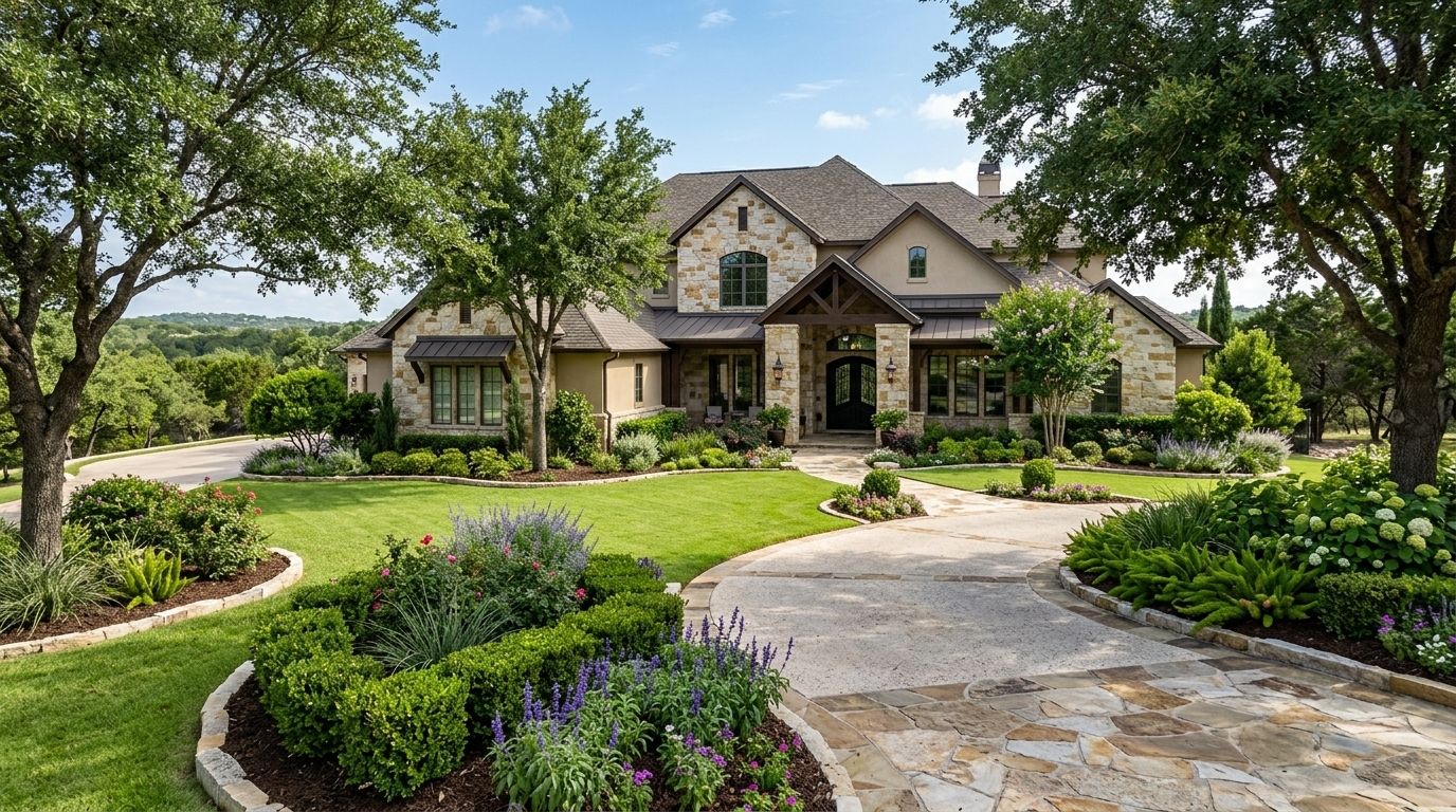 Shavano Park luxury estate front landscape with refined stone walkway, manicured planting beds, and exterior lighting
