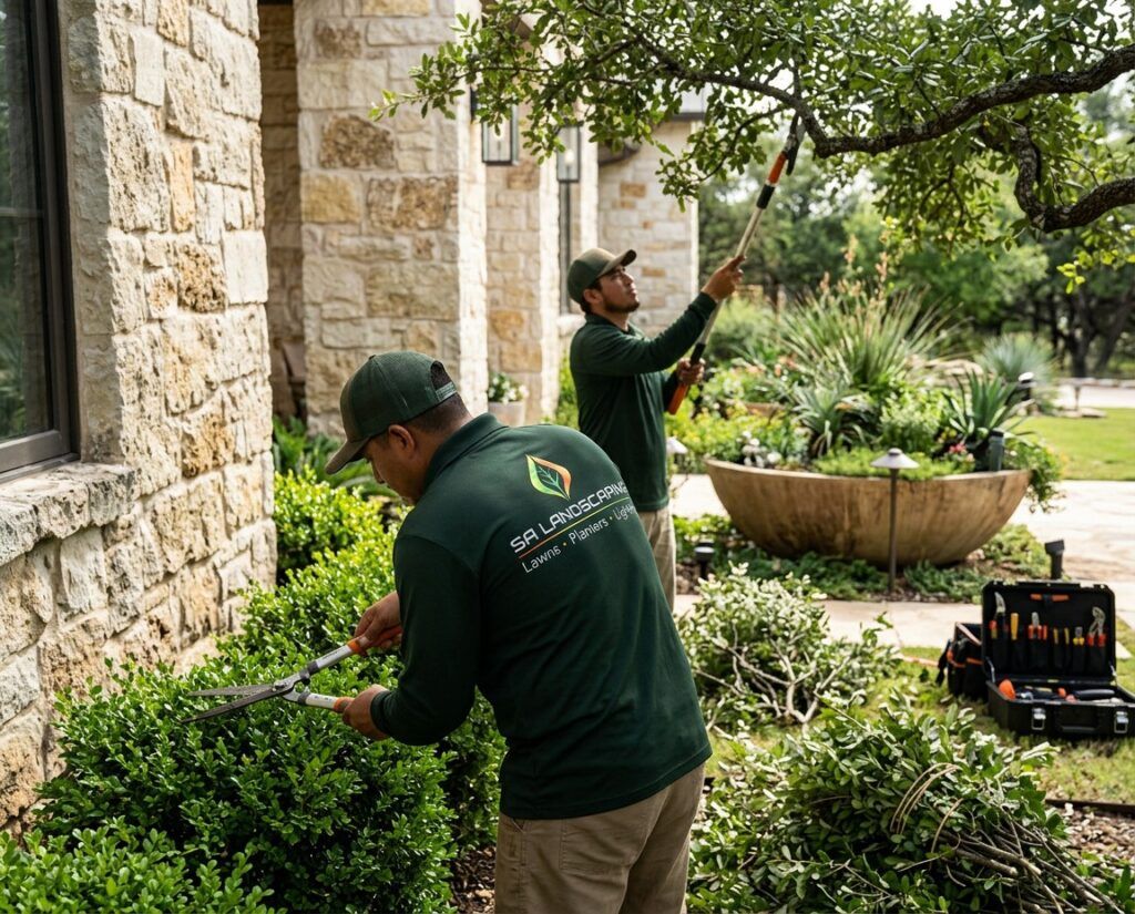 Close-up view of detailed shrub and tree trimming at a high-end Hill Country residence. Workers using hand pruners and pole saws, removing overgrowth and improving plant shape. Limestone house exterior and natural Texas landscaping visible.