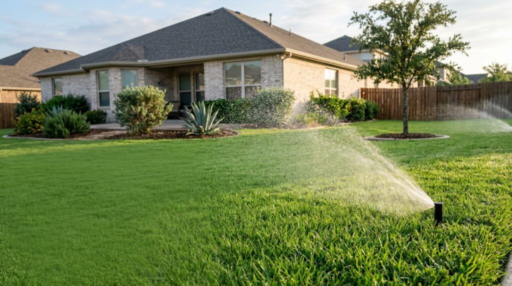 Healthy sod lawn being watered in a San Antonio residential landscape.