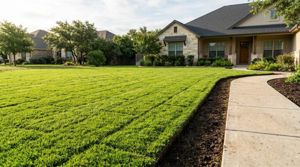 Fresh sod installation in a San Antonio residential yard with healthy green grass and clean edging.