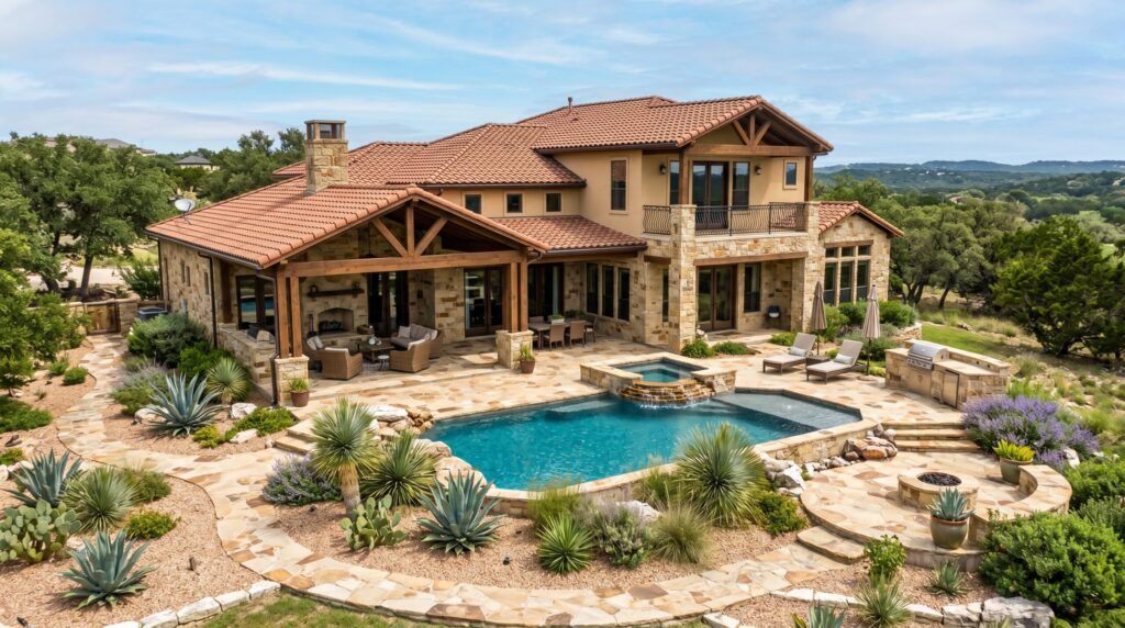 Southwestern backyard landscape with stone features, gravel paths, and drought-tolerant native plants