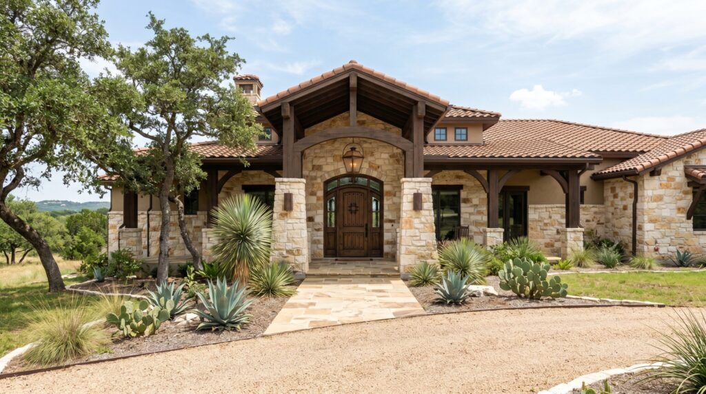 Southwestern entry area landscaping with natural stone accents, desert plants and gravel path