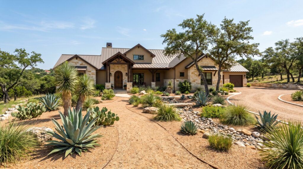 Southwestern front yard landscape with gravel ground cover, agave and cactus, bold sculptural plant forms