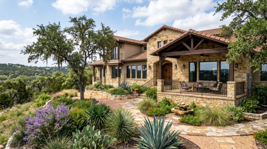 Southwestern landscape detail with drought-tolerant plants, desert groundcover texture, and natural stone edging