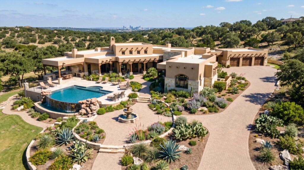 Southwestern landscape layout with gravel xeriscape, cacti, agave, boulders and curved stone path, elevated view