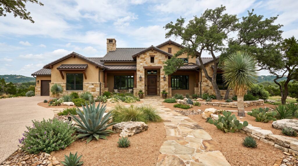 Southwestern landscape design with gravel xeriscape, boulders, agave and yucca for drought-tolerant landscaping.