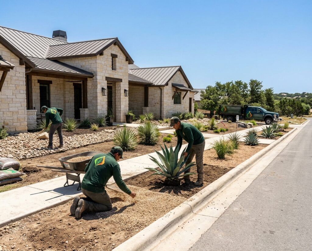 Landscapers spread gravel and set agave in a Hill Country xeriscape landscape installation for drought-tolerant landscaping.