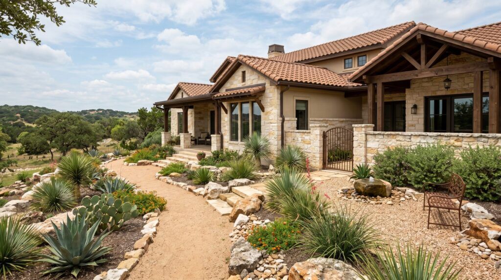 Southwestern desert-style side yard xeriscape with gravel, agave, cacti and flagstone path