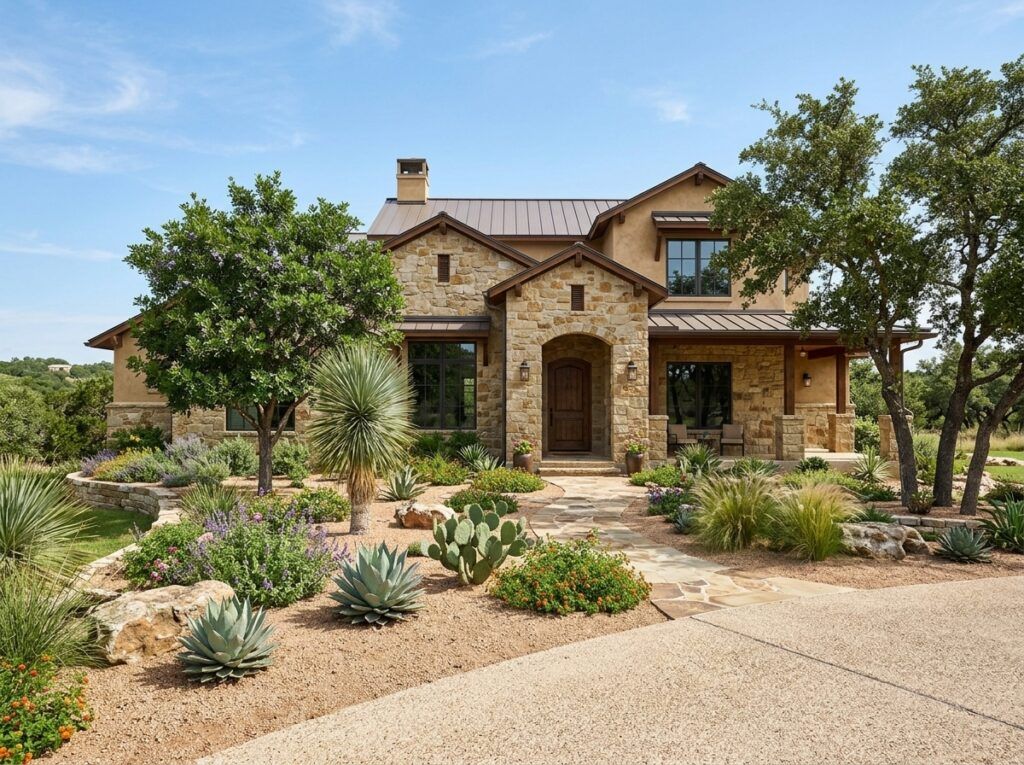 After xeriscape landscape design with gravel, agave, and drought-tolerant landscaping in a Southwestern yard