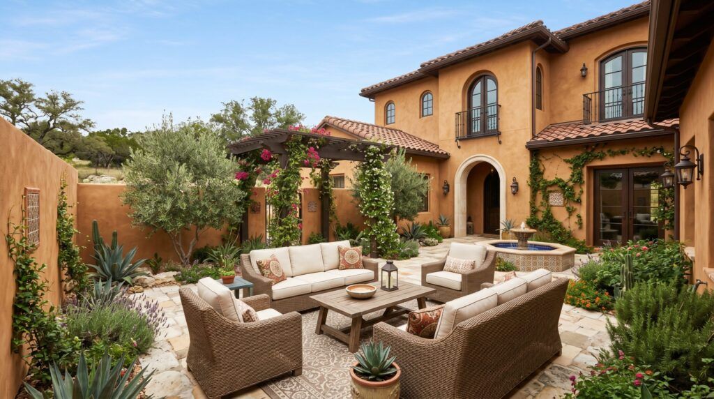 Spanish courtyard backyard seating with stucco enclosed walls, terracotta pavers, warm textures and potted plants