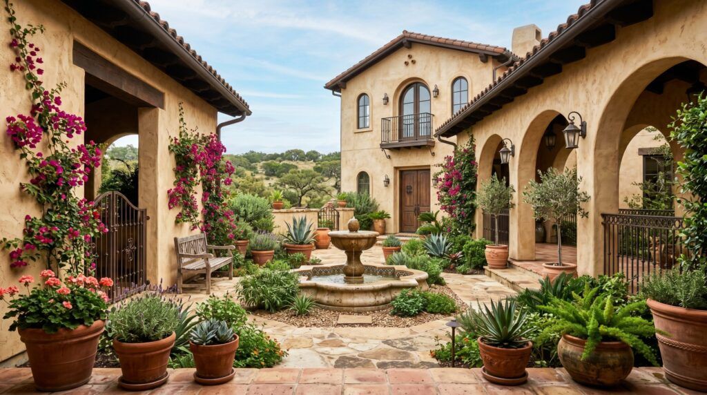 Spanish courtyard garden with textured stucco walls, terracotta planters, gravel paving and lush greenery