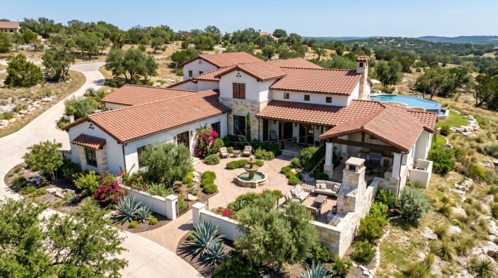 Spanish courtyard landscaping with terracotta pavers, central fountain, stucco walls, citrus trees—elevated view