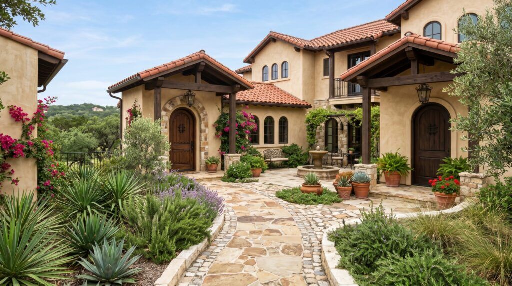 Spanish courtyard entry path with stone paving, terracotta tones, and drought-tolerant accent plants