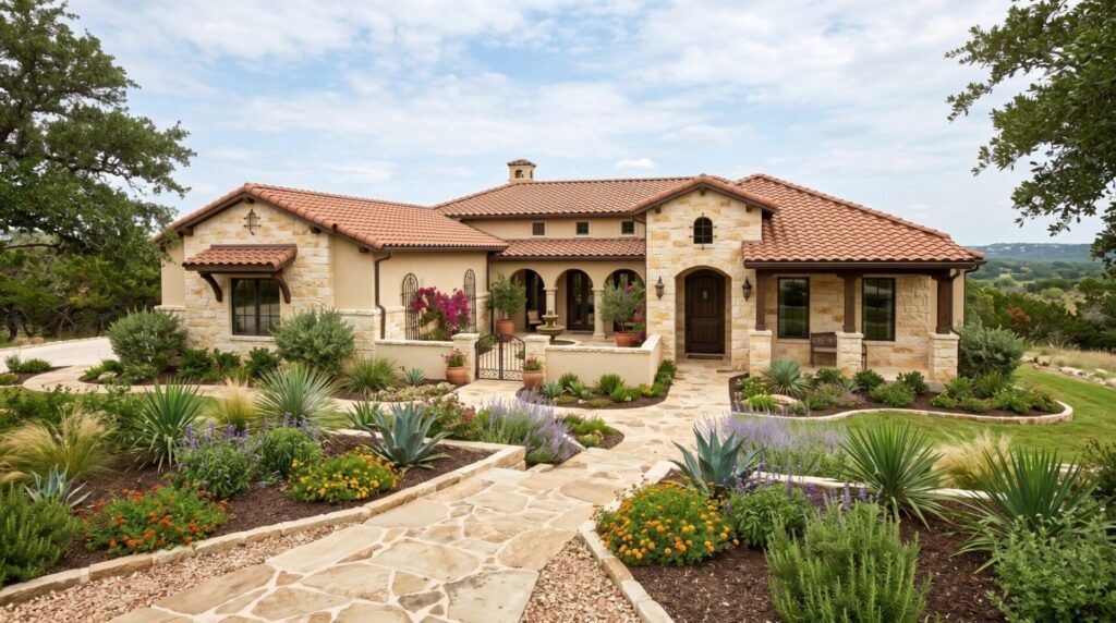 Spanish courtyard front yard with stone walkways and structured planting beds of drought-tolerant shrubs