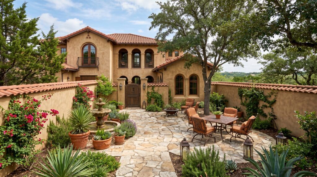 Spanish courtyard landscape design with paver patio, gravel xeriscape beds and drought-tolerant landscaping by stucco home