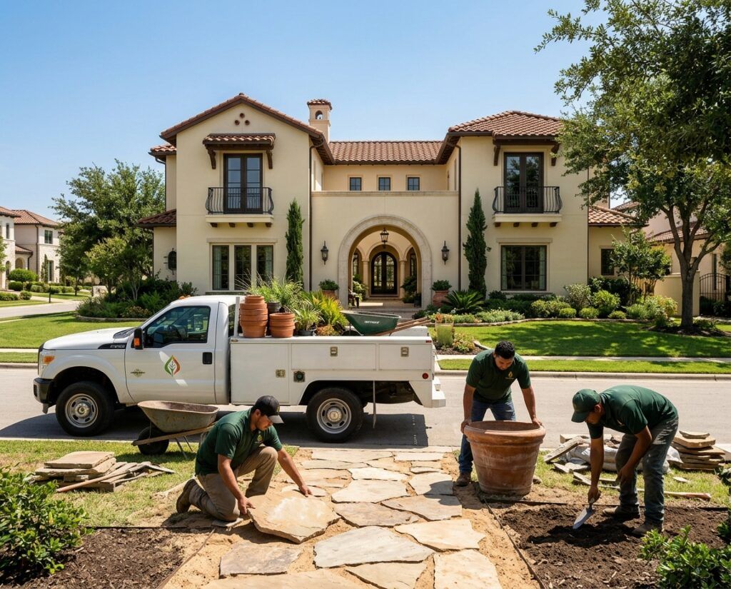 Landscapers lay gravel and set agave in a Spanish courtyard xeriscape landscape installation at a stucco Hill Country home.
