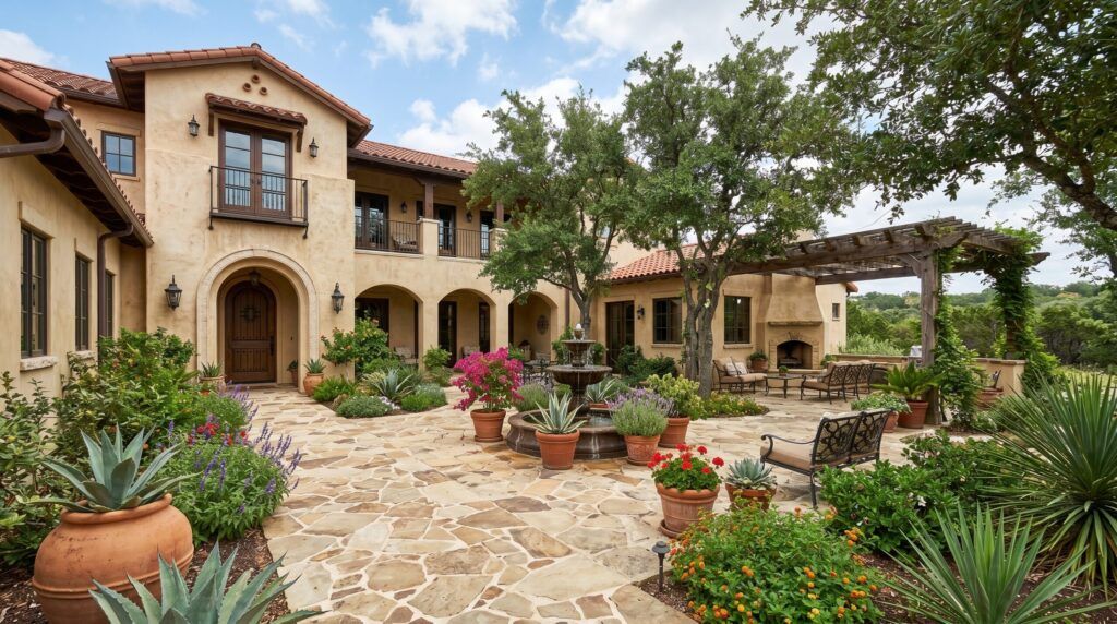 Spanish courtyard with stone paver patio, lush planters and shade trees creating a cool outdoor retreat
