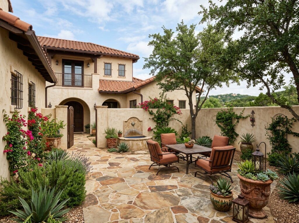 After landscape design, Spanish courtyard xeriscaping with gravel beds, stone edging, drought-tolerant landscaping plants.