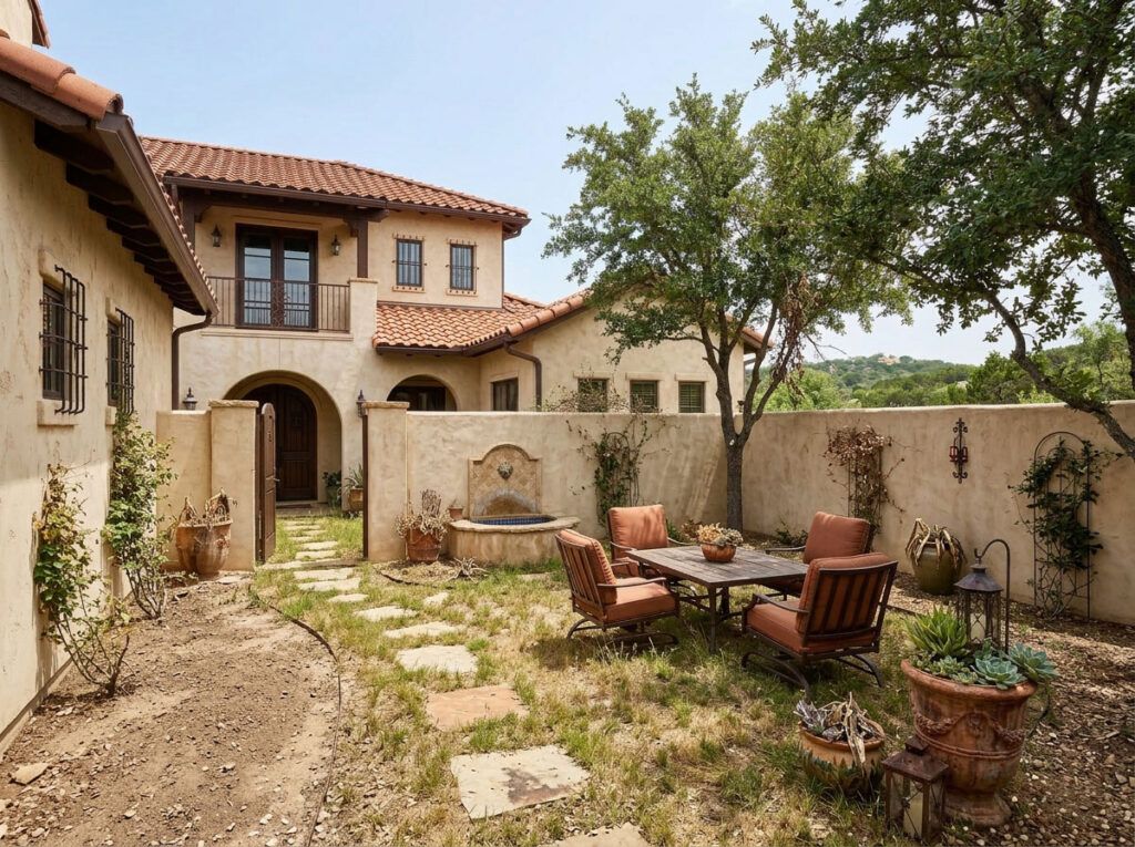 Before Spanish courtyard landscape design, xeriscape plan shows bare beds for drought-tolerant landscaping.