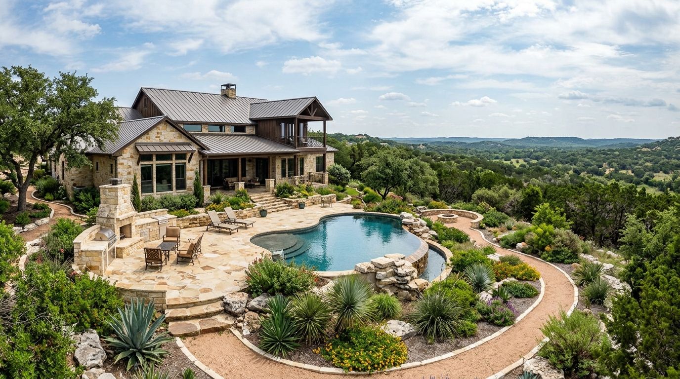 Spring Branch luxury residence landscape installation with stone walkway, native plants, outdoor lighting