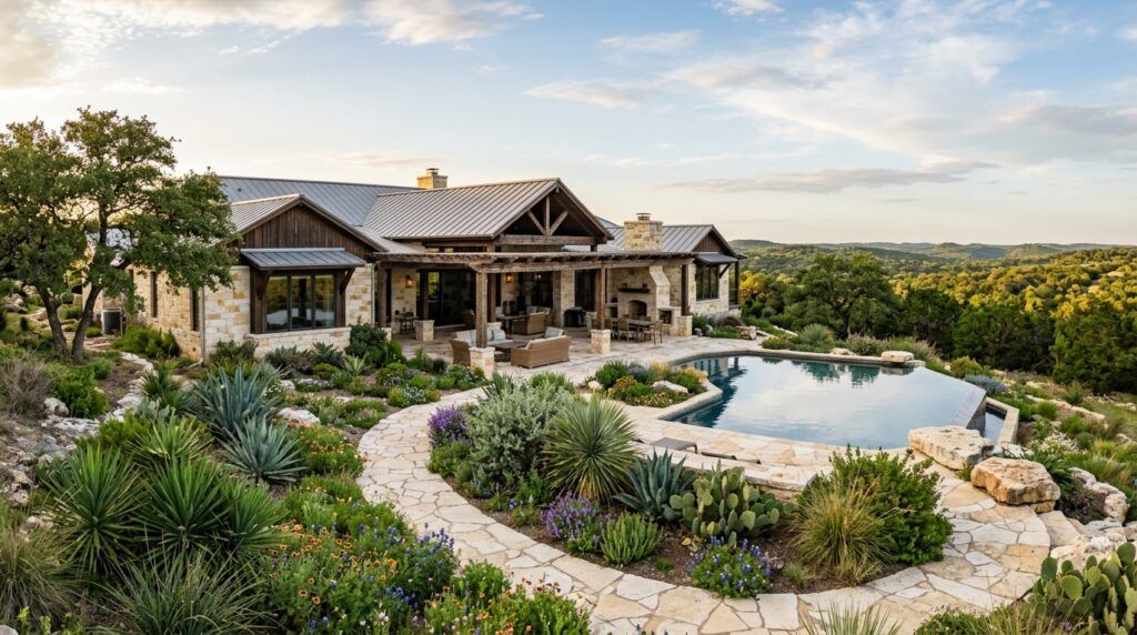 Spring Branch hill country luxury residence landscape installation with stone walkway, native plant beds, outdoor lighting