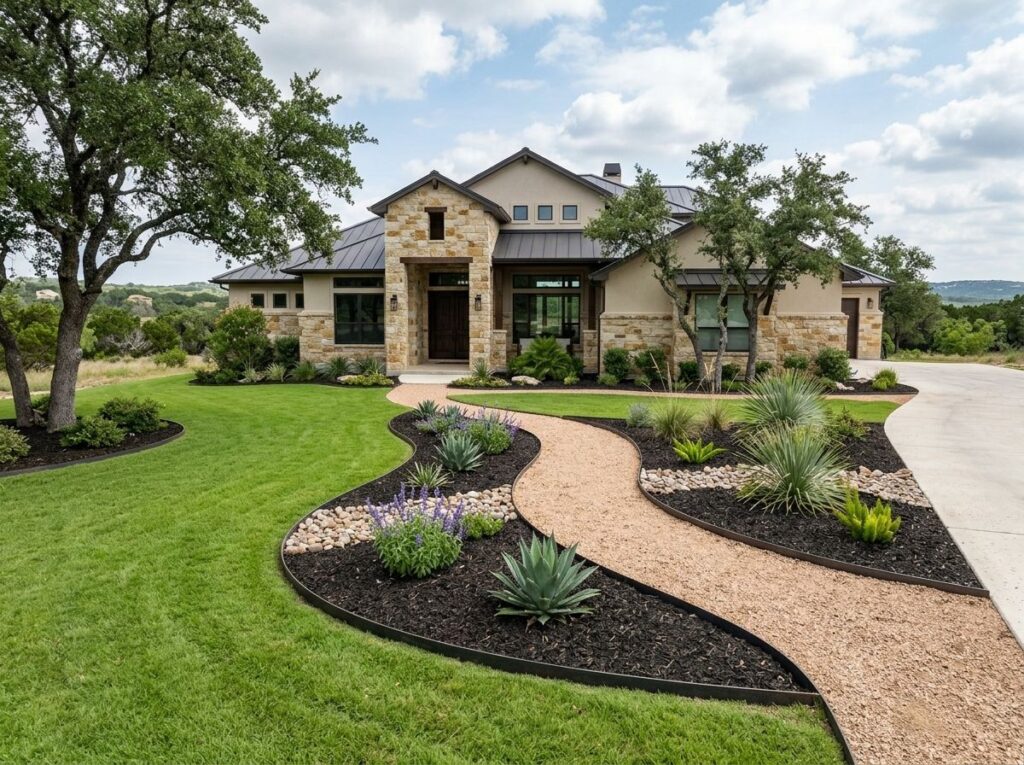 Steel Landscape Edging landscape edging installed along a curved garden bed, dark steel strip separating mulch from lawn.