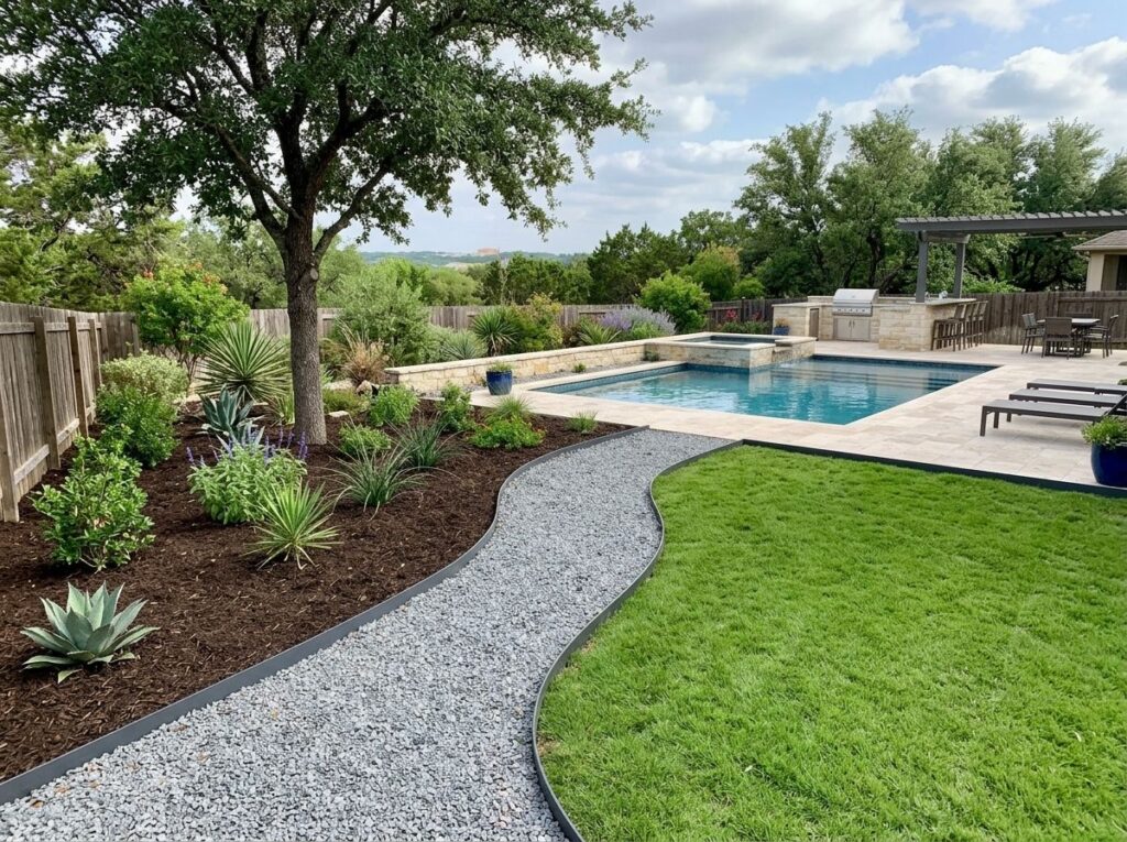 Steel Landscape Edging landscape edging installed as a dark steel border separating lawn from a mulched planting bed.