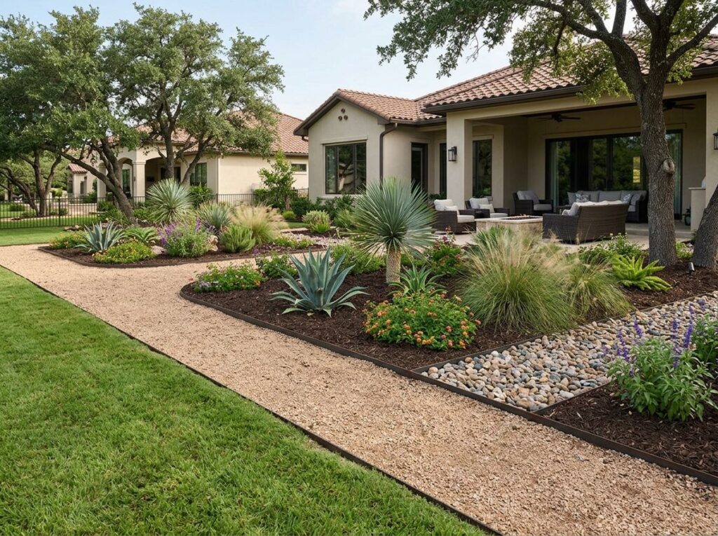 Steel Landscape Edging landscape edging installed as curved steel border separating a mulch bed from the lawn.