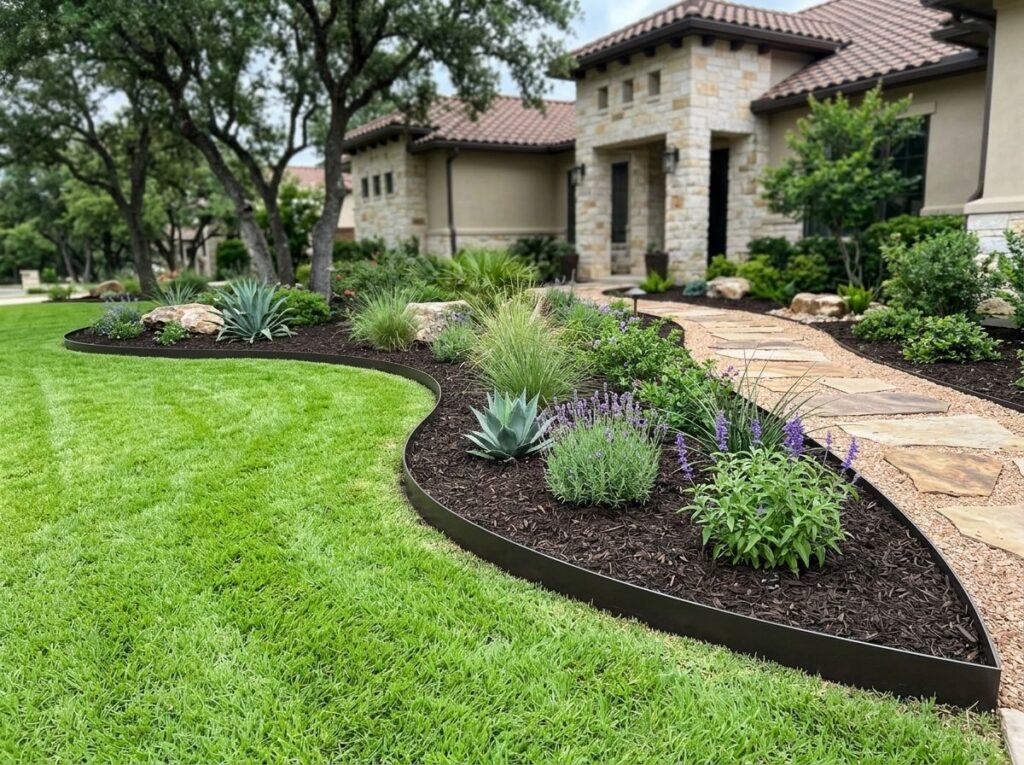 Steel Landscape Edging landscape edging installed along garden bed, thin dark steel strip separating mulch from grass.