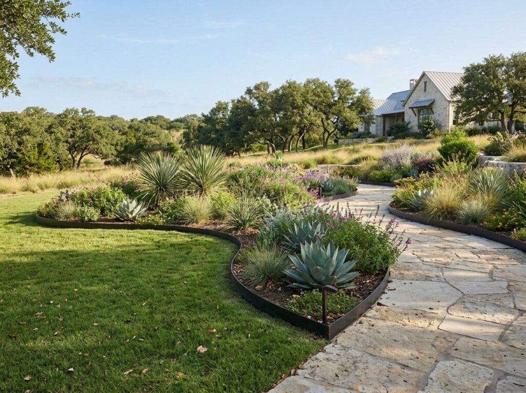 Steel Landscape Edging landscape edging installed as dark steel border separating gravel path from lawn.
