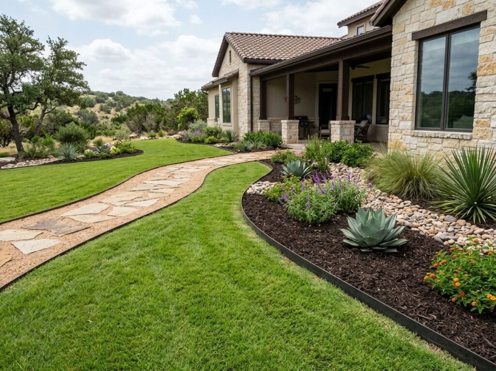 Steel Landscape Edging landscape edging forms a dark steel border separating grass from a mulched garden bed.