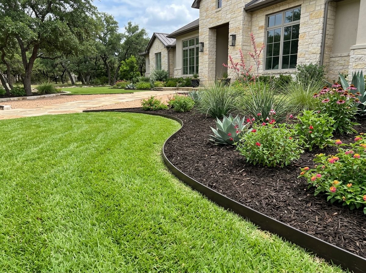 Steel Landscape Edging landscape edging installed along a garden bed, dark steel strip separating mulch from grass.